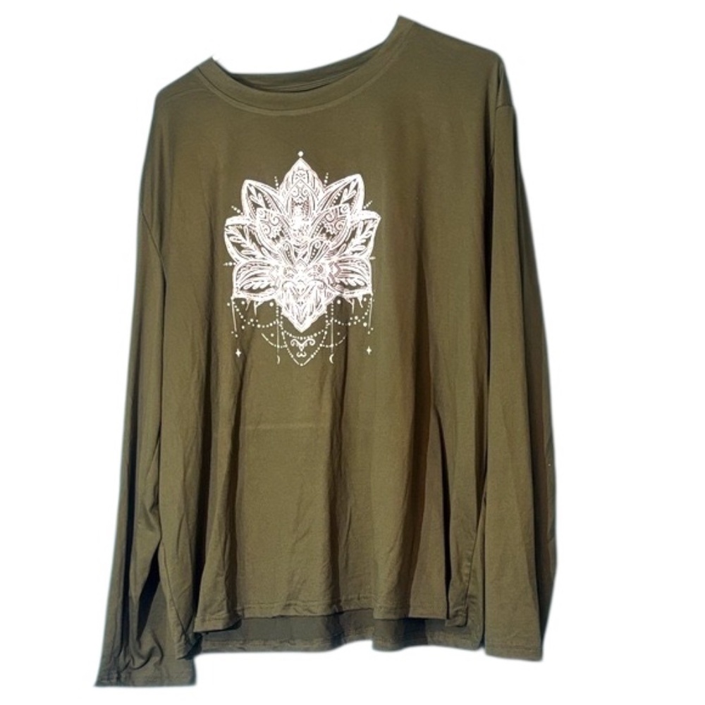 NWOT-Olive Green Long Sleeve Tee with Mandala Design